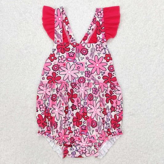 SR1423 Newborn Baby Hot Pink Flower  Bubble Romper