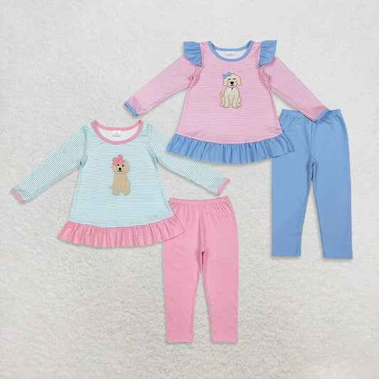 Sibling Baby Girls  Long Sleeve Applique Dog With Bow Leggings Outfit