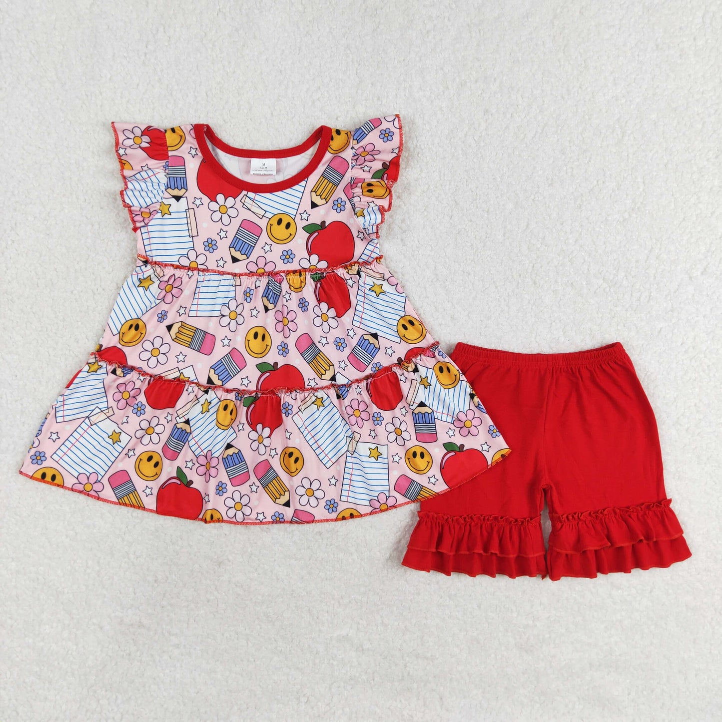 Baby Girls Back To School Apples Flowers Tunic Top Red Shorts Set