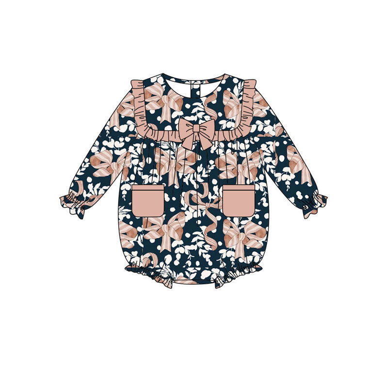 Preorder , 5 MOQ Baby Girls  Bows In Navy Color Long Sleeve Bubble Romper