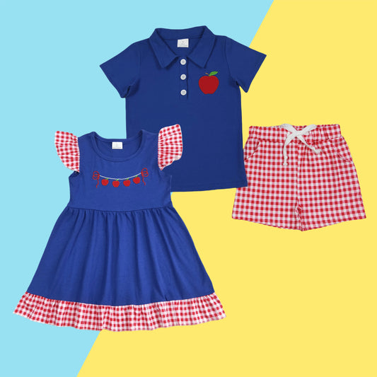 Sibling Kids Back to School Embroidery Apple Outfit and Dress