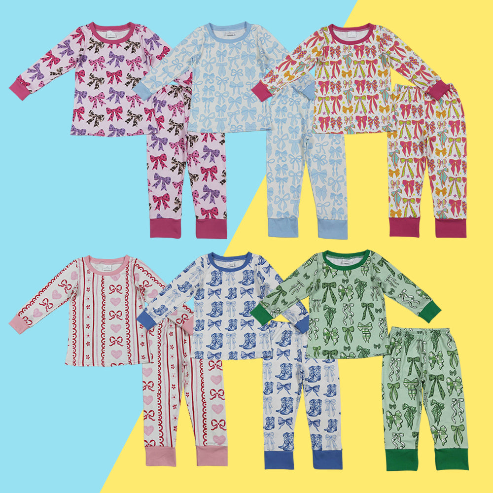 Sibling Baby Girls Bows Print Long Sleeve Pajama Set