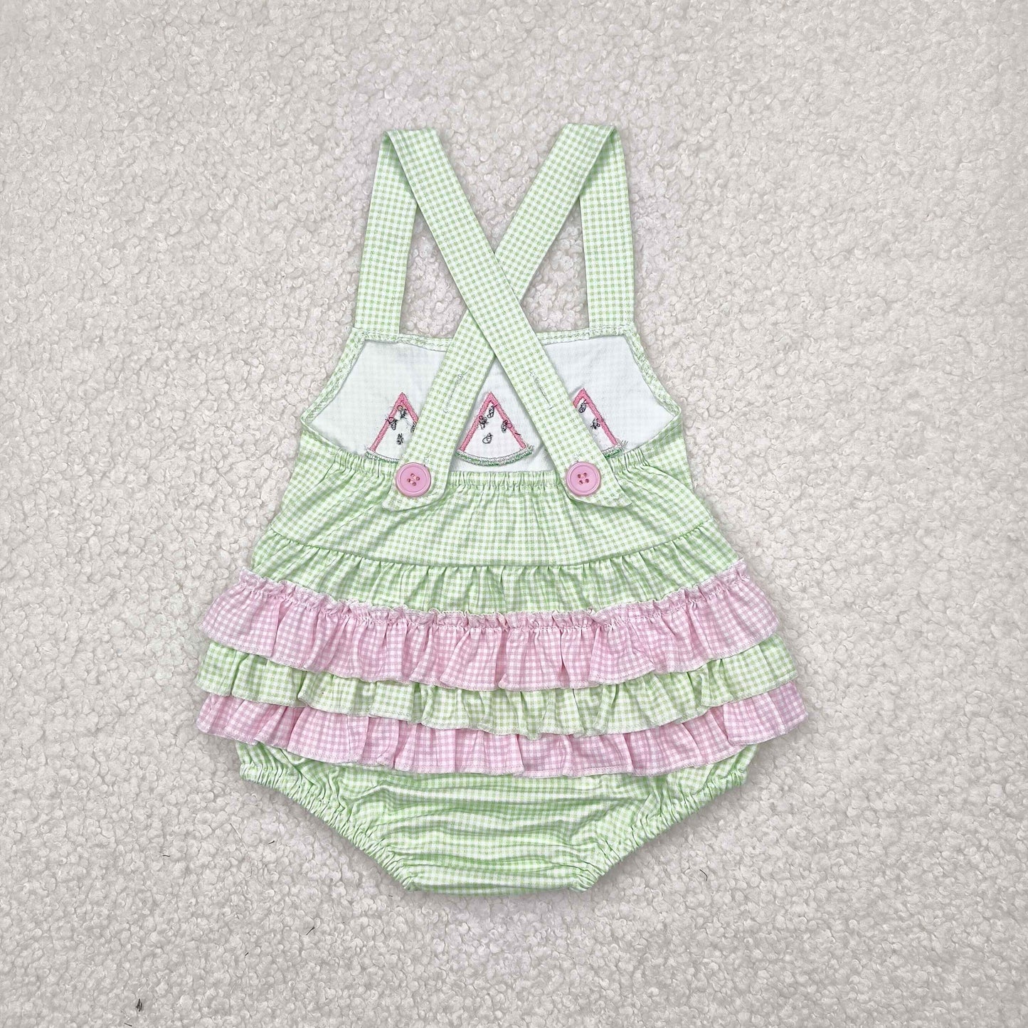 Baby Girls Pink Flutter Sleeves Watermelon Green Plaid Rompers