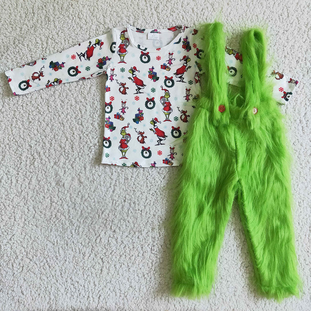 Sibling Baby Christmas Green Face Fur Design Susperder Outfits Clothes Sets