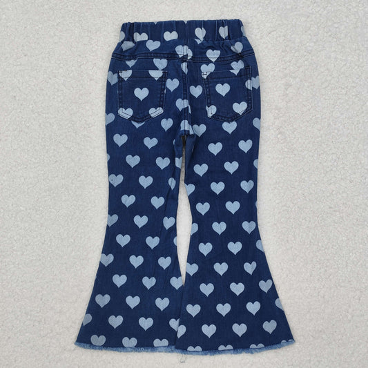 Kids Girls Blue Hearts Print Pockets Denim Bell Flare Pants