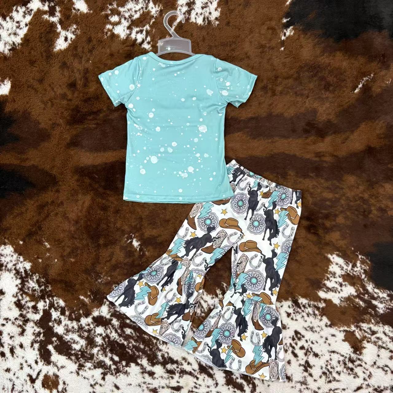 USA Shop Kids Girls Western Horse Bell Bottom Pants Outfit