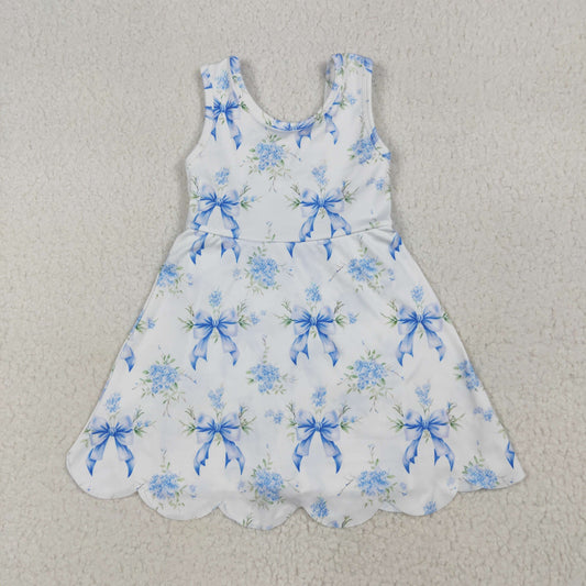 Kids Girls Blue Flowers Bows Sleeveless Yoga Dress