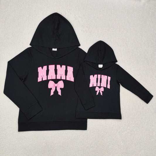 Sibling Mama And Me Black Long Sleeves Pink Bow Hoodie Top