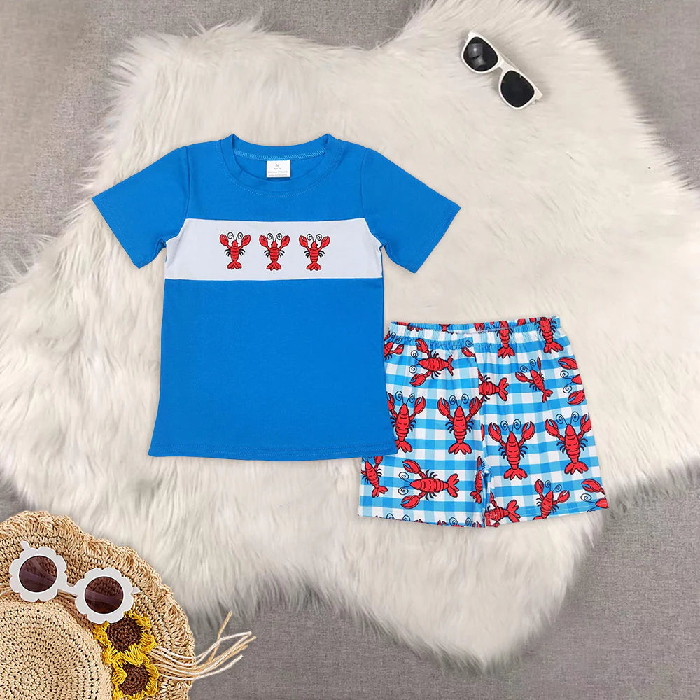 Toddler Boys Summer Sibling Embroidery Crayfish Shorts Set