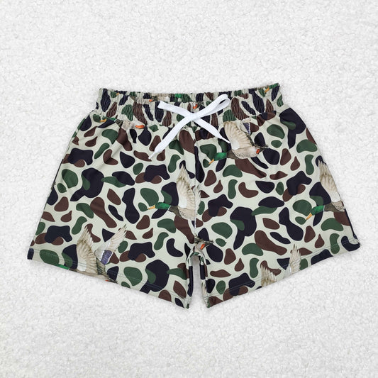 Kids Boys Dark Green Camo Ducks Print Swimming Trunks Summer Shorts