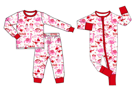 Sibling Baby Girls Heart  Dino Set and Rompe Preorder