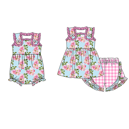 Baby Girls Sister Hot Pink Flower Shorts Set and Romper Preorder