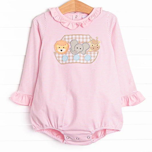 Baby Girls Pink Stripe Elephant Lion Long Ruffle Sleeve Rompers Preorder 5 MOQ