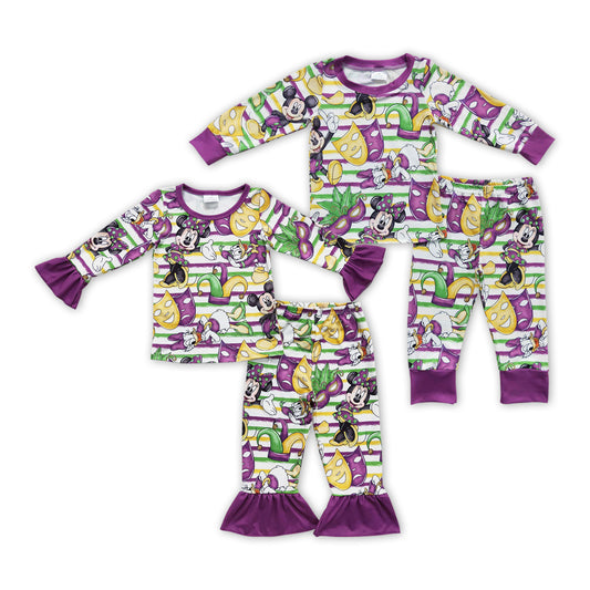 Sibling Baby Kids Purple Stripe Long Sleeves Cartoon Mouse Top Pant Mardi Gras Pajamas Set