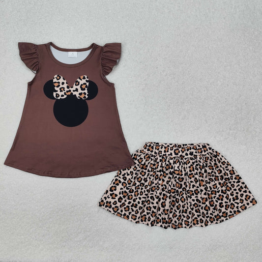 Baby Girls Brown Flutter Sleeves Mouse Top Leopard Skirt With Short