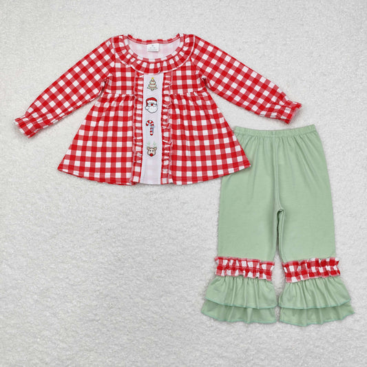 GLP1439 Baby Girls Santa Red Gingham Tunic Top Green Pants Outfit