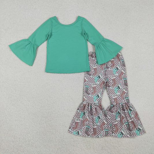 GLP3036 Baby Girls Aqua Top With Western Boots Bell Bottom Pants Set