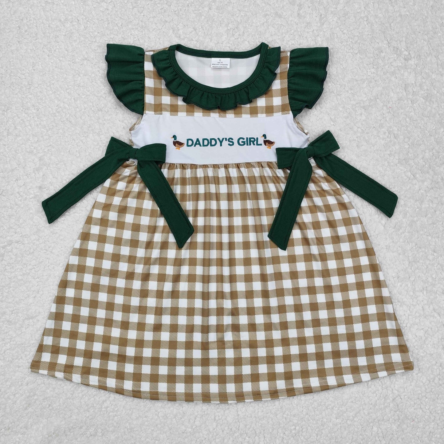 Sibling Baby Kids Embroidery Daddy's Girl And Boy Ducks Khaki Plaid Set Dress And Rompers