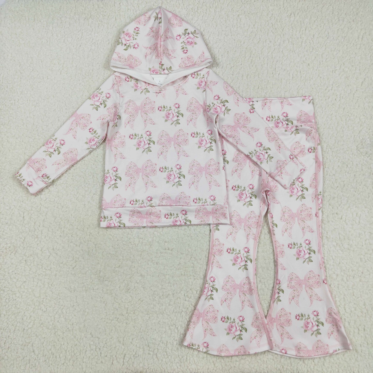 Kids Girls Pink Bow Floral Hoodie Top Pants Set