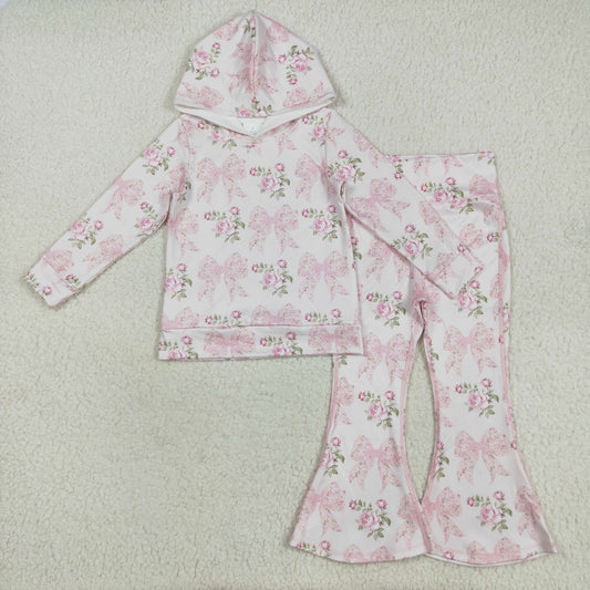 Kids Girls Pink Bow Floral Hoodie Top Pants Set