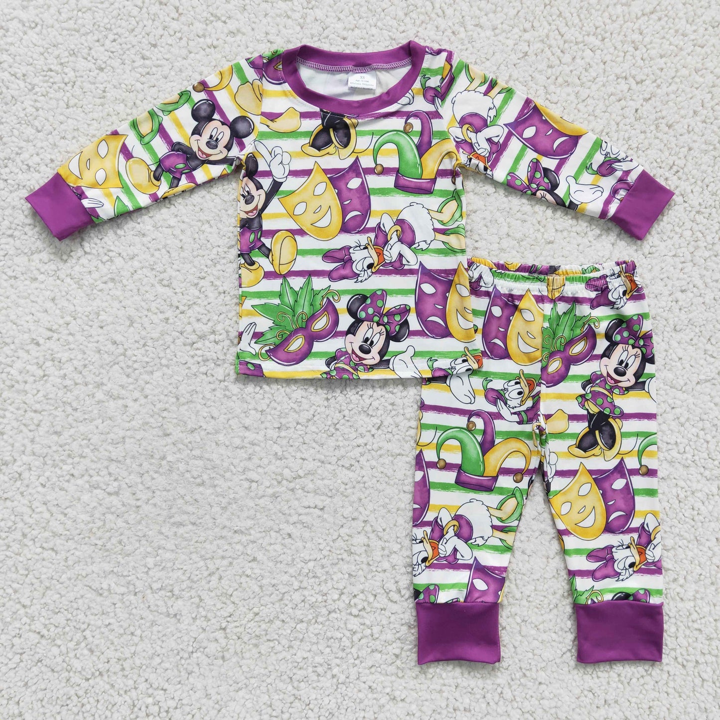 Baby Boys Purple Stripe Long Sleeves Cartoon Mouse Top Pant Mardi Gras Pajamas Set