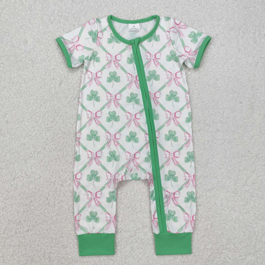 Baby Boys Short Sleeves Bows Plaid Clovers Zipper St Patrick Romper