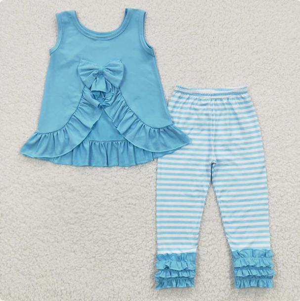 Baby Girls Blue Sleeveless Ruffle Vest Top Stripe Pant Set