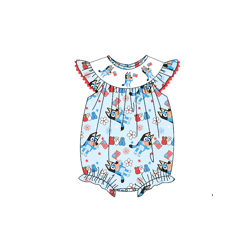 (5MOQ)  Baby Girls USA July 4th Cartoon Dog Romper Pre-order