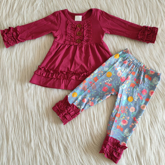 Burgundy Tunic Top With Floral Pants Set