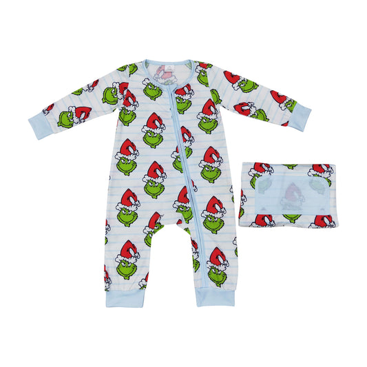 Baby Boys Christmas Green Face Bamboo Romper