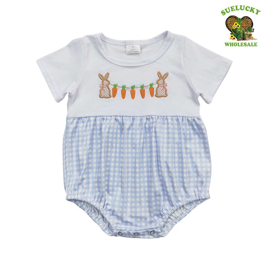 Baby Boys Easter Bunny Carrot Blue Ginghim Romper