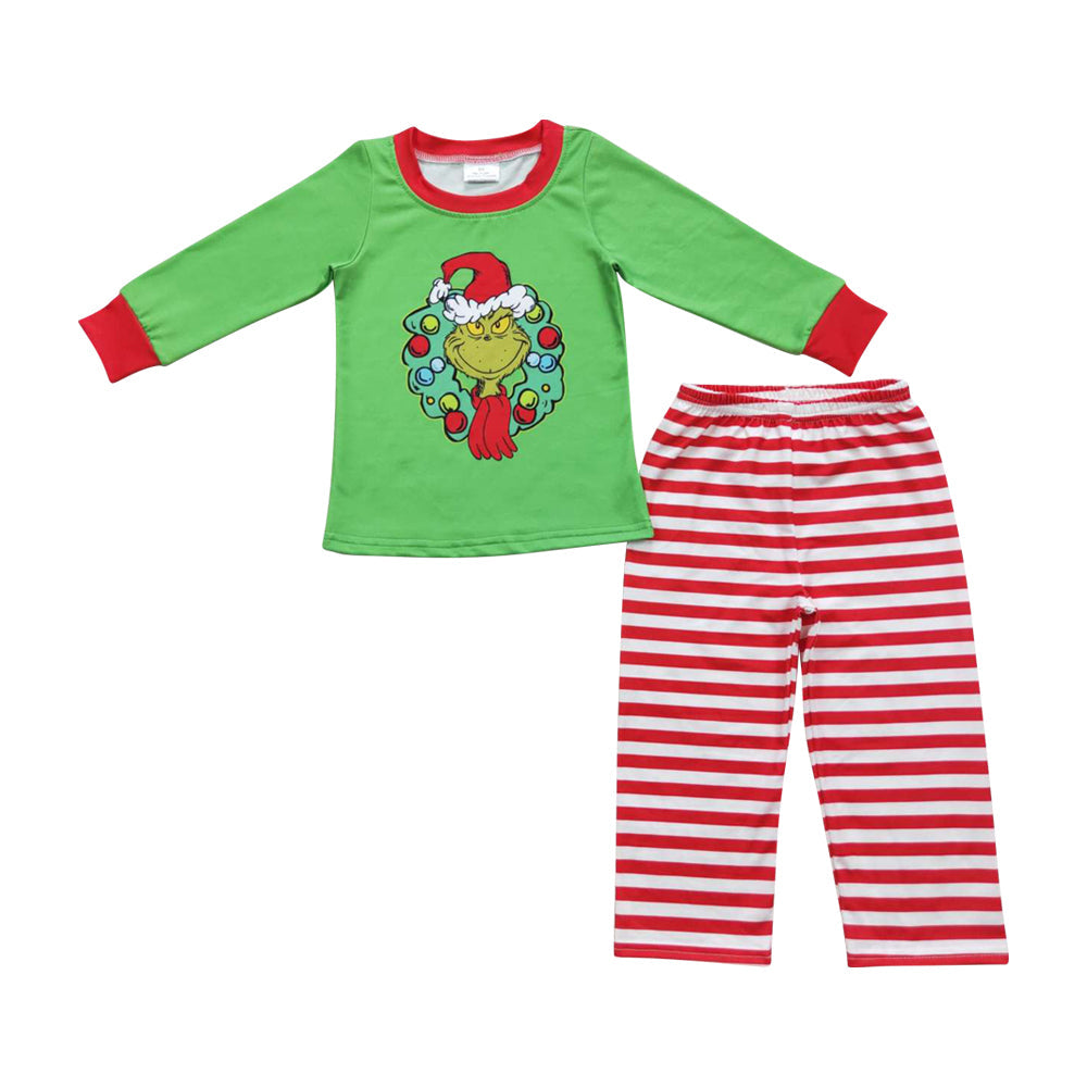 Baby Boys Christmas Green Face Top Red Striped Pants Pajamas Set