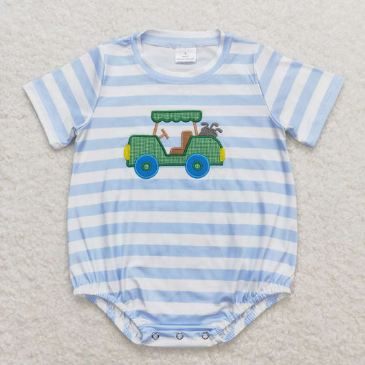 SR0795 Baby Boys Blue Embroidery Golf Bubble Romper