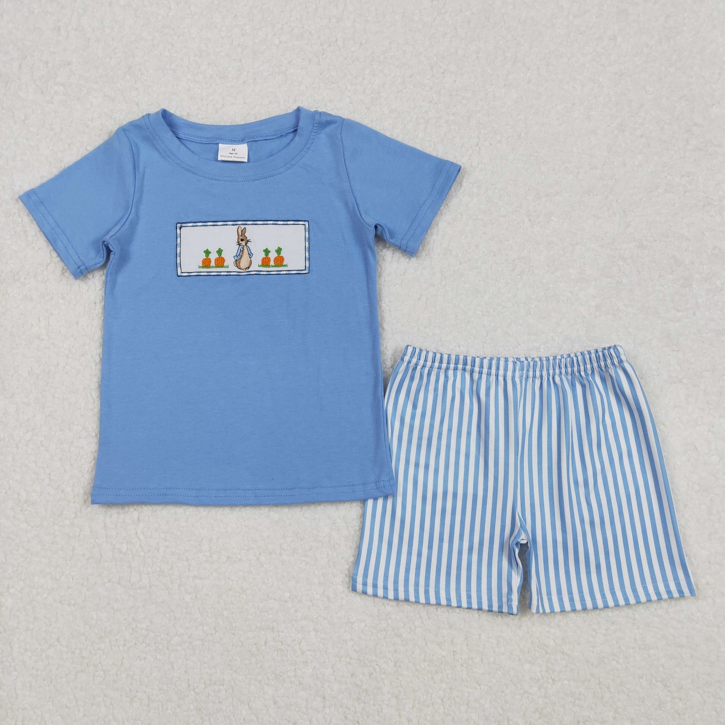 Baby Boys Blue Short Sleeves Embroidery Bunny Carrots Top Striped Shorts Easter Set