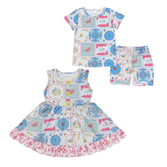 Sibling Baby Girls Sister Summer Flowers Dress and Shorts Set