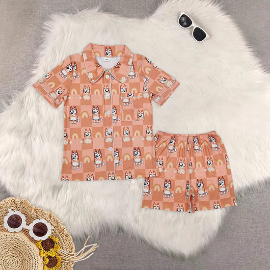 Mommy and Me Cartoon Dog Rainbow Shorts Pajama Set