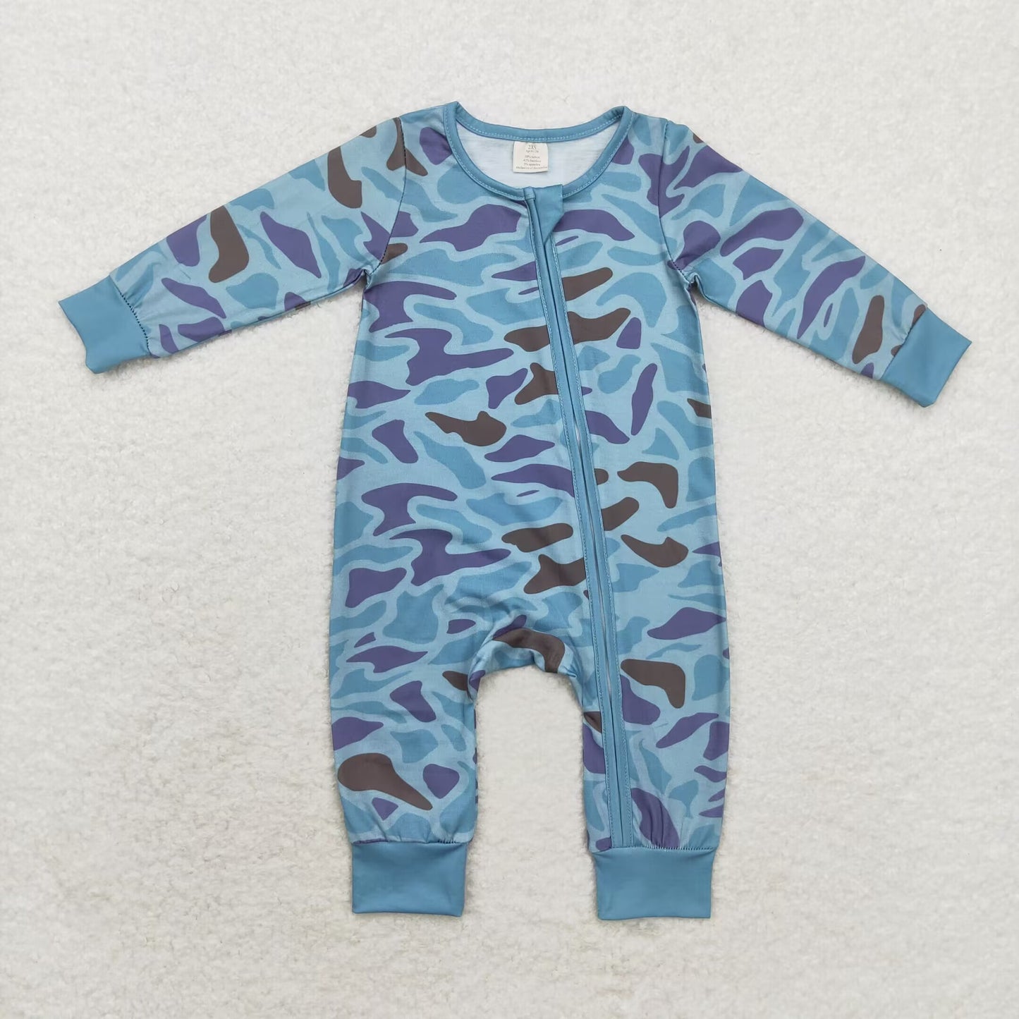 LR1462 Baby Boys Green  Camo Long Sleeve Zip Bamboo Romper