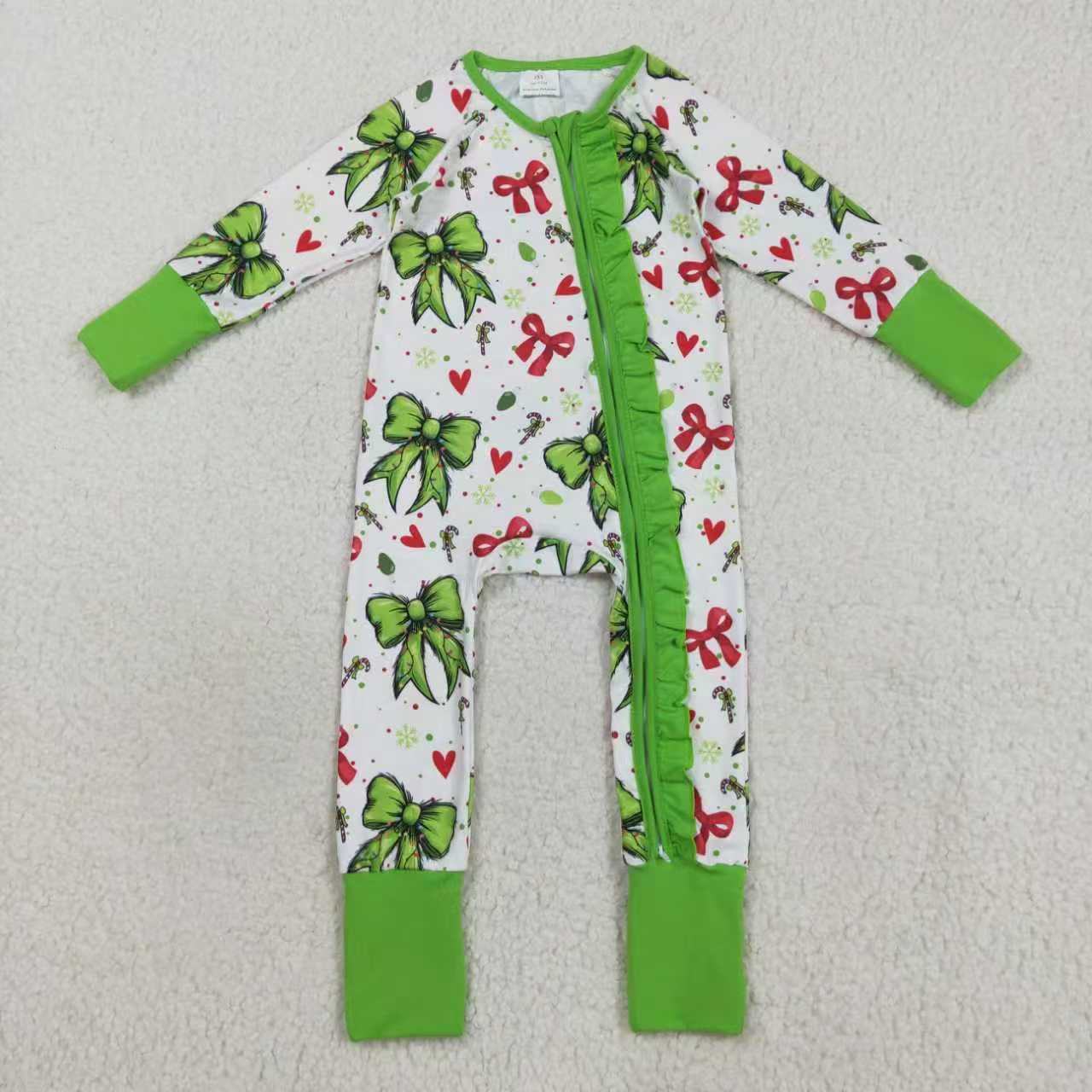 Sibling Baby Girls Christmas Grinc Bow Long Sleeve Pajama Set and Romper