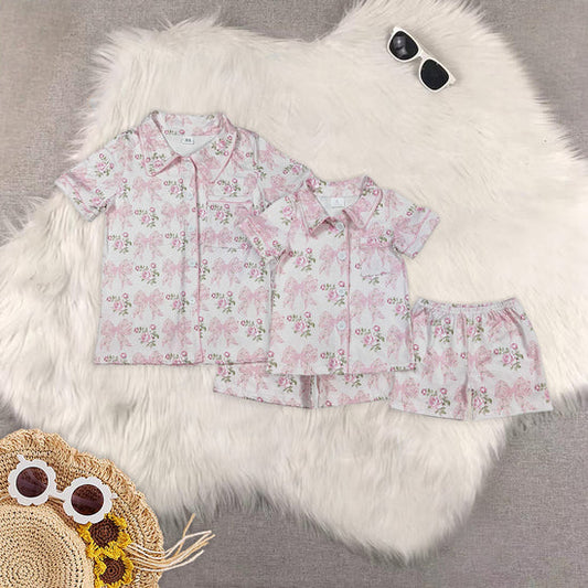 Mommy and Me Pink Coquette Floweers Shorts Pajama Set