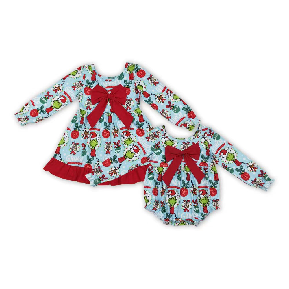 Sibling Baby Girls Christmas Green Long Sleeve Dress/Romper
