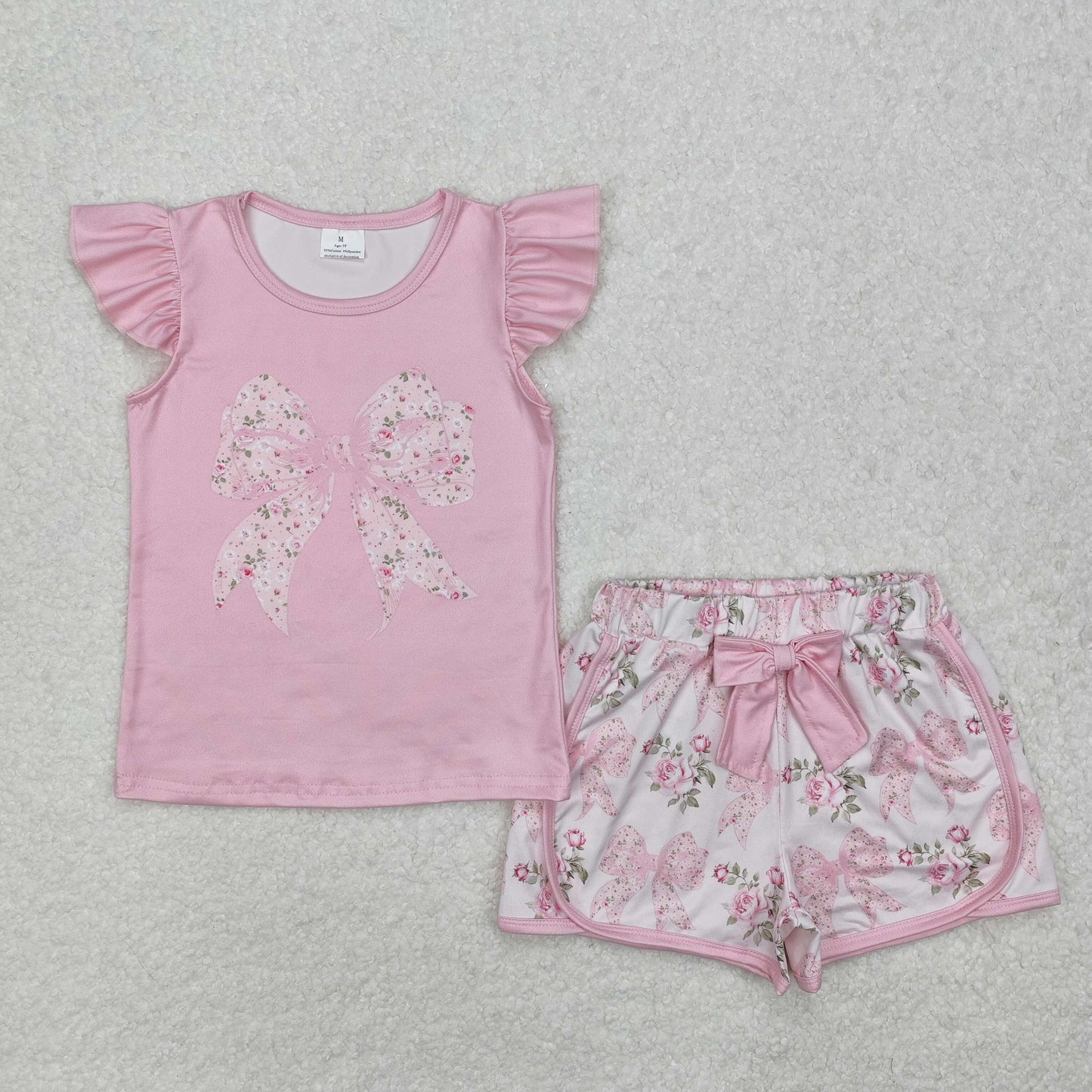 Baby Girls Pink Flutter Sleeves Bow Print Top Floral Short Set