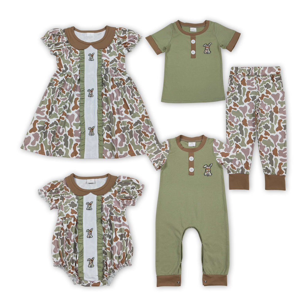 SIbling Girls Boys Easter Embroidery Rabbits Pants Set/Dress//Romper