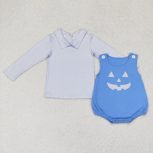 LR1172 Newborn Baby Boys Halloween Pumpkin Blue Romper +Top Set