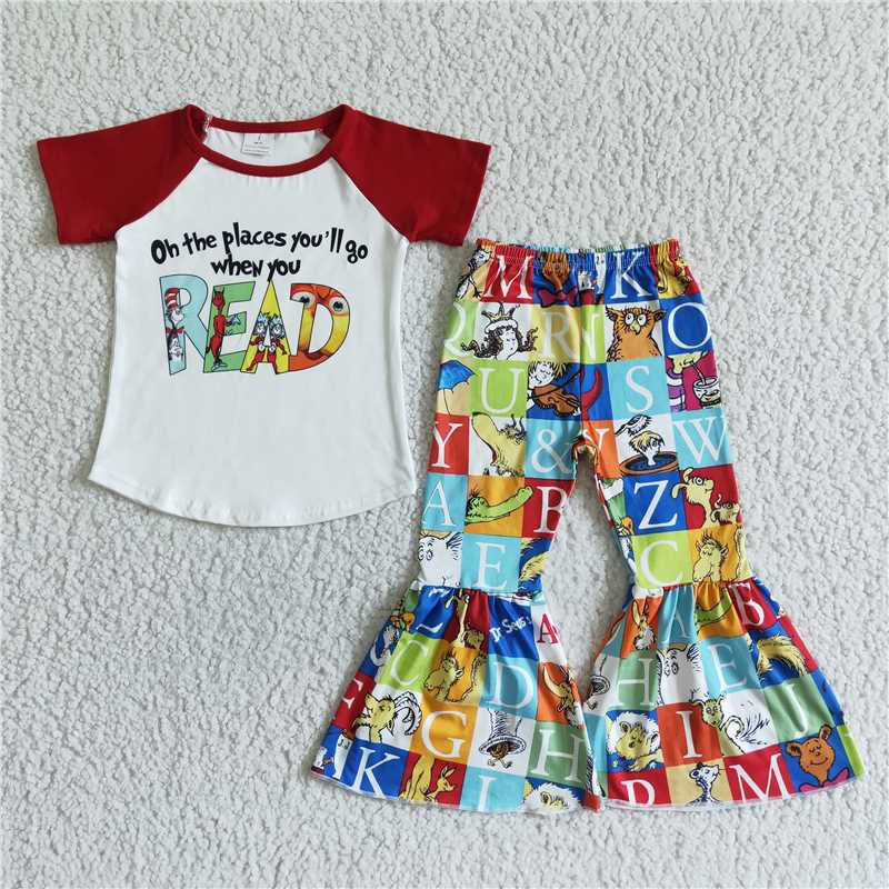 Baby Girls Dark Red Short Sleeves Dr Reading Top Plaid Bell Bottom Pant Set