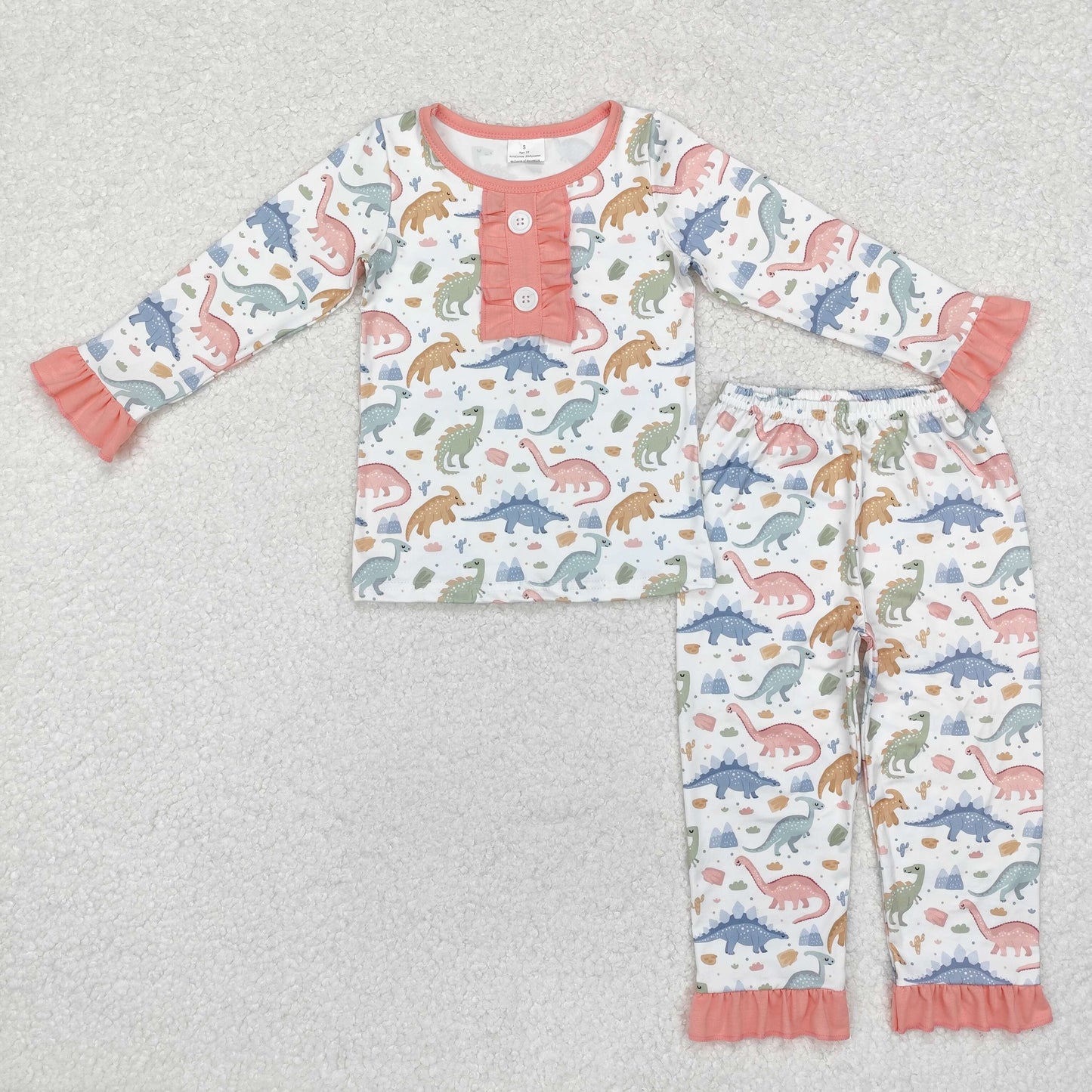 GLP1969 Baby Girls Dinosaur Long Sleeve Pajama Set With Ruffle