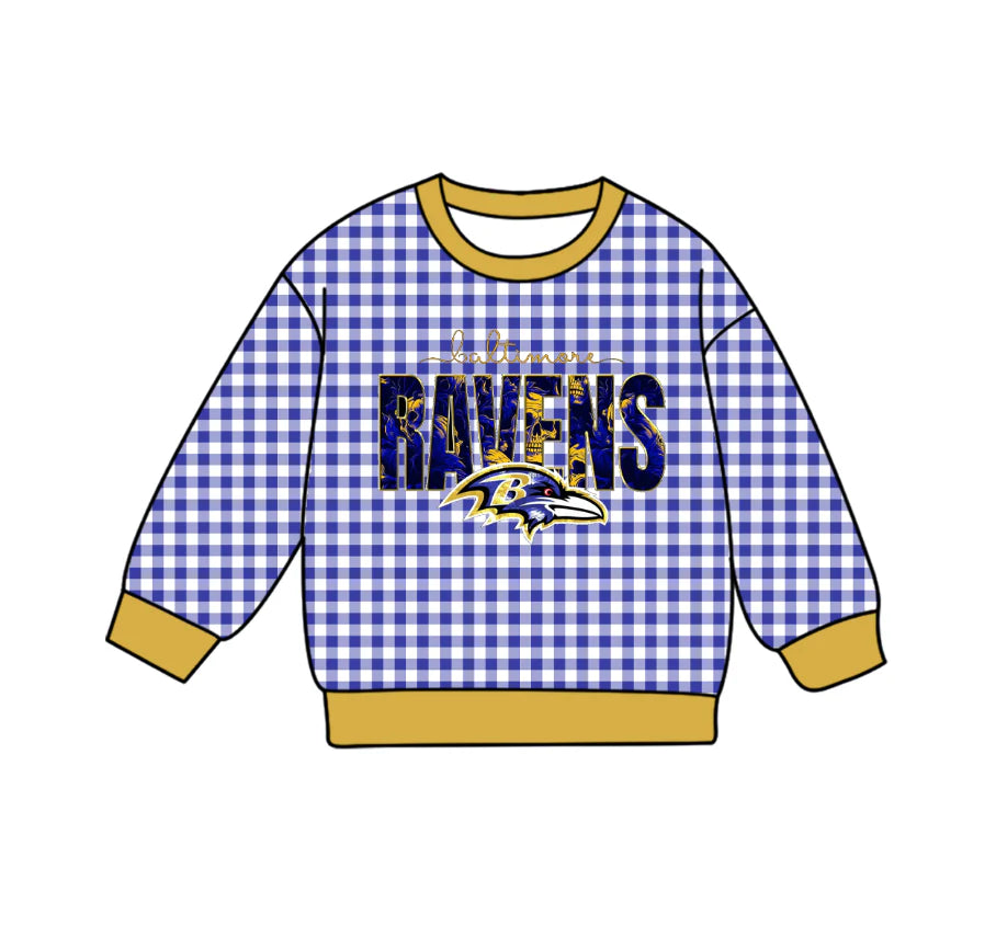 Preorder , 5 MOQ Baby Girls  Sport Team Ravens Blue GIngham Long Sleeve Top