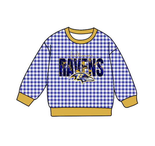 Preorder , 5 MOQ Baby Girls  Sport Team Ravens Blue GIngham Long Sleeve Top