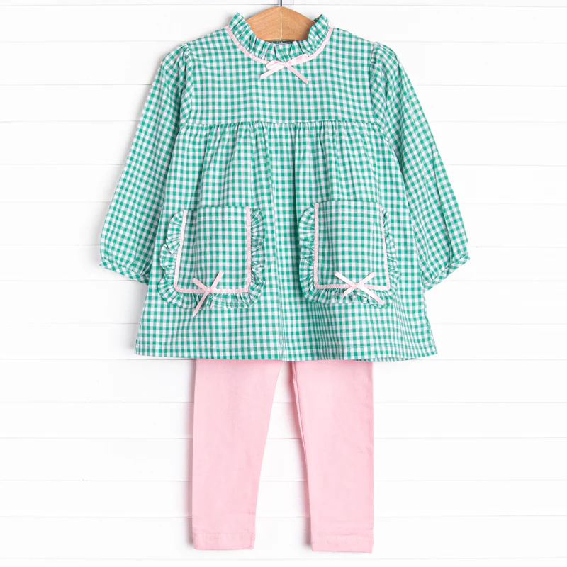 (5MOQ) Baby Girls Green Gingham Tunic Top Pink Leggings Set Pre-order