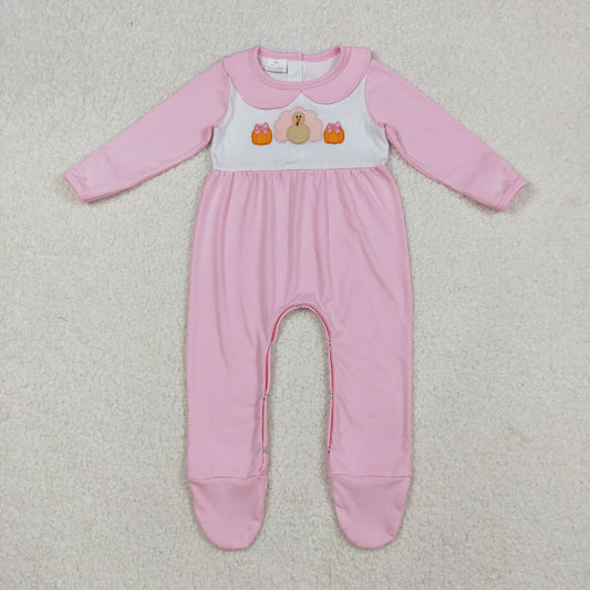 LR2563 Baby Girls Turkey Pumpkin Applique Pink Footed Long Sleeve Romper