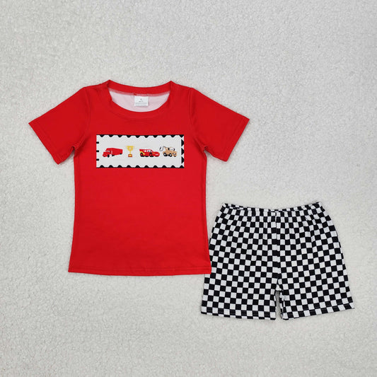 Baby Boys Cartoon Cars Red Top Black Plaid Shorts Set